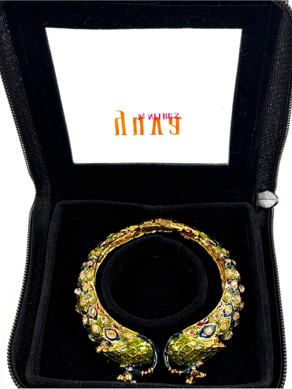 Yuva By Neeru’s Peacock Bracelet Gold Tone Enamel Crystal Hinged Cuff